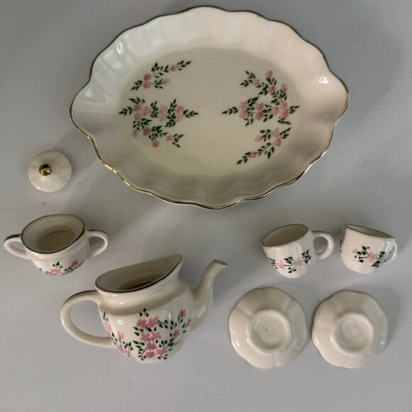 Vtg Miniature 8 Piece Porcelain Tea Set -White with Pink Floral Design VG Cond. - Picture 6 of 7